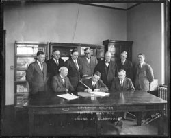 Governor Shafer Signing Bill for Bridge at Elbowood ND ca 1900