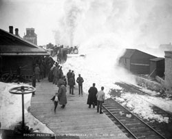 Rotary snow plow on train passing Through Minnewaukan ND 03-20-1902