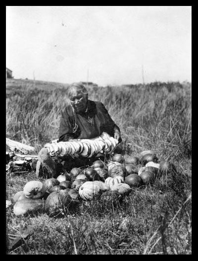 Owl Woman Stringing Squash