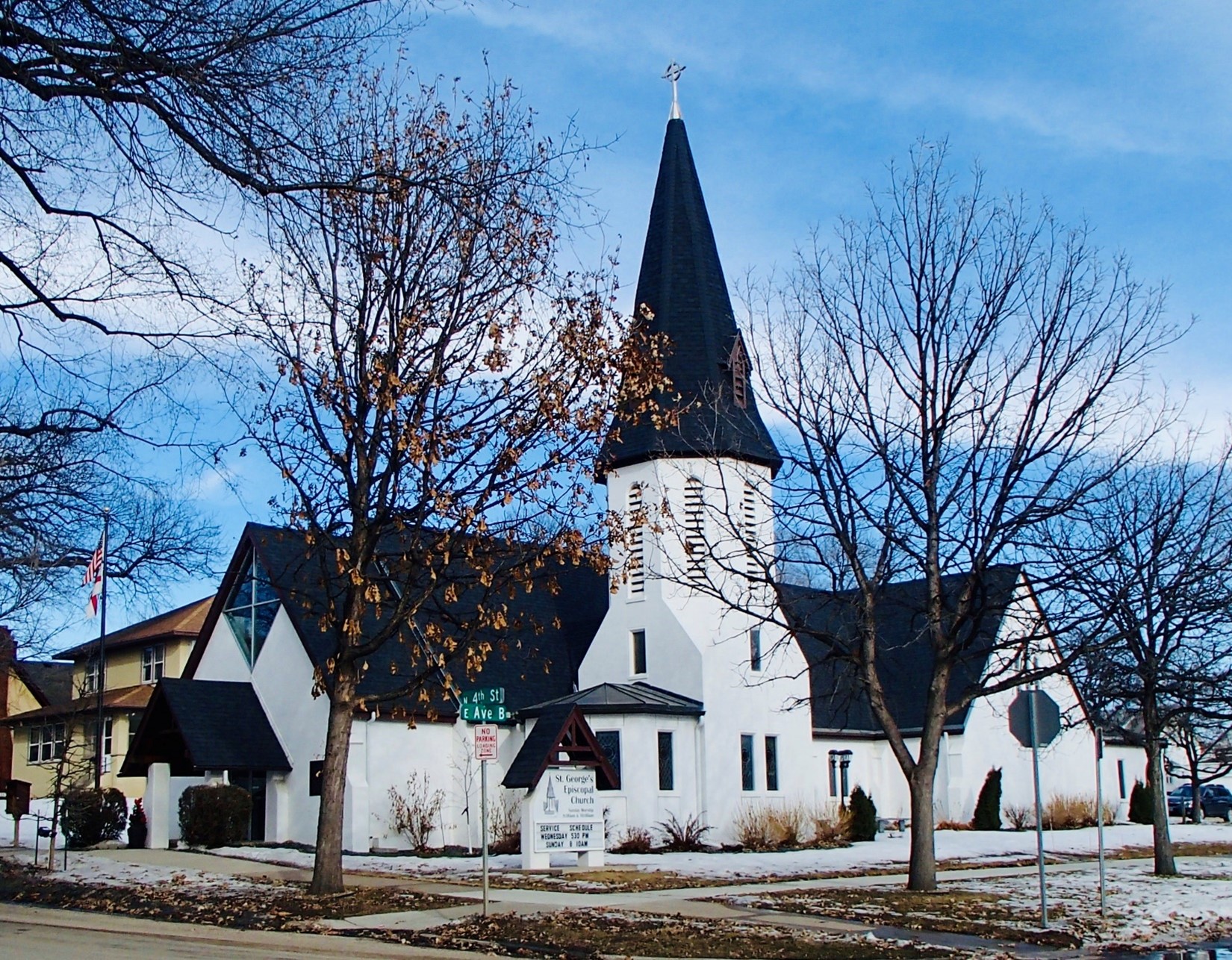 White church with black roof