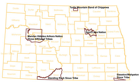 map of North Dakota showing reservation boundaries